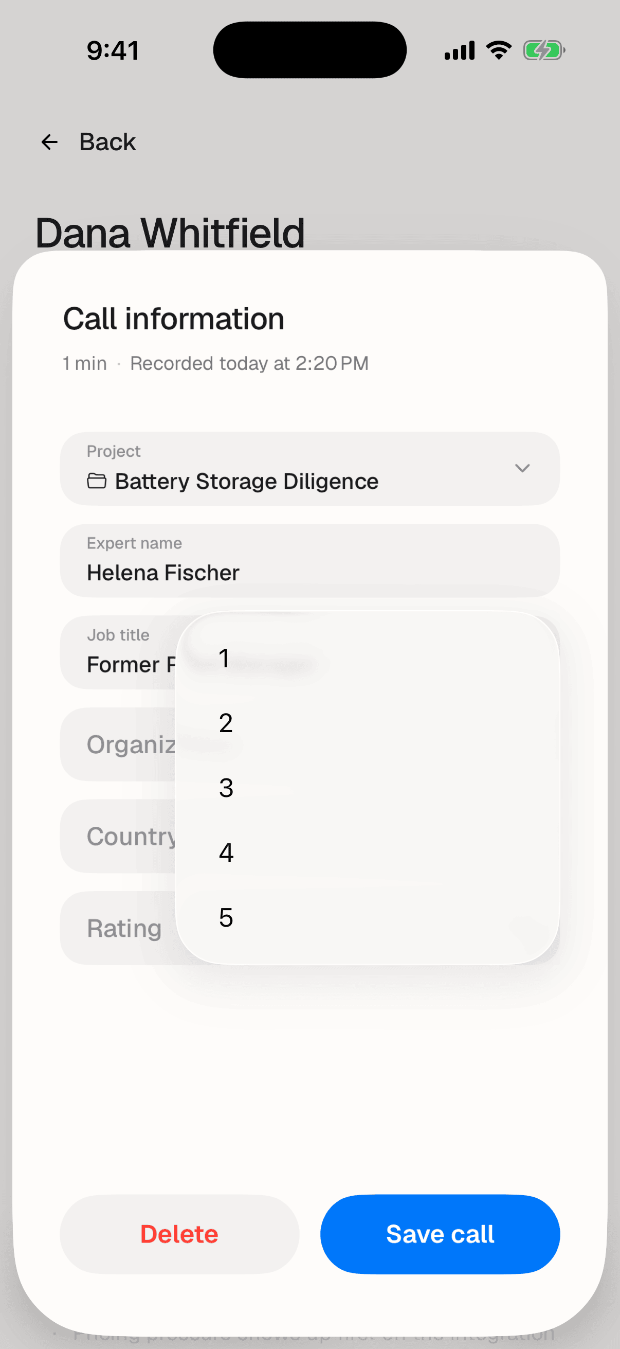 The Call information form with a project selected and the expert's details filled in