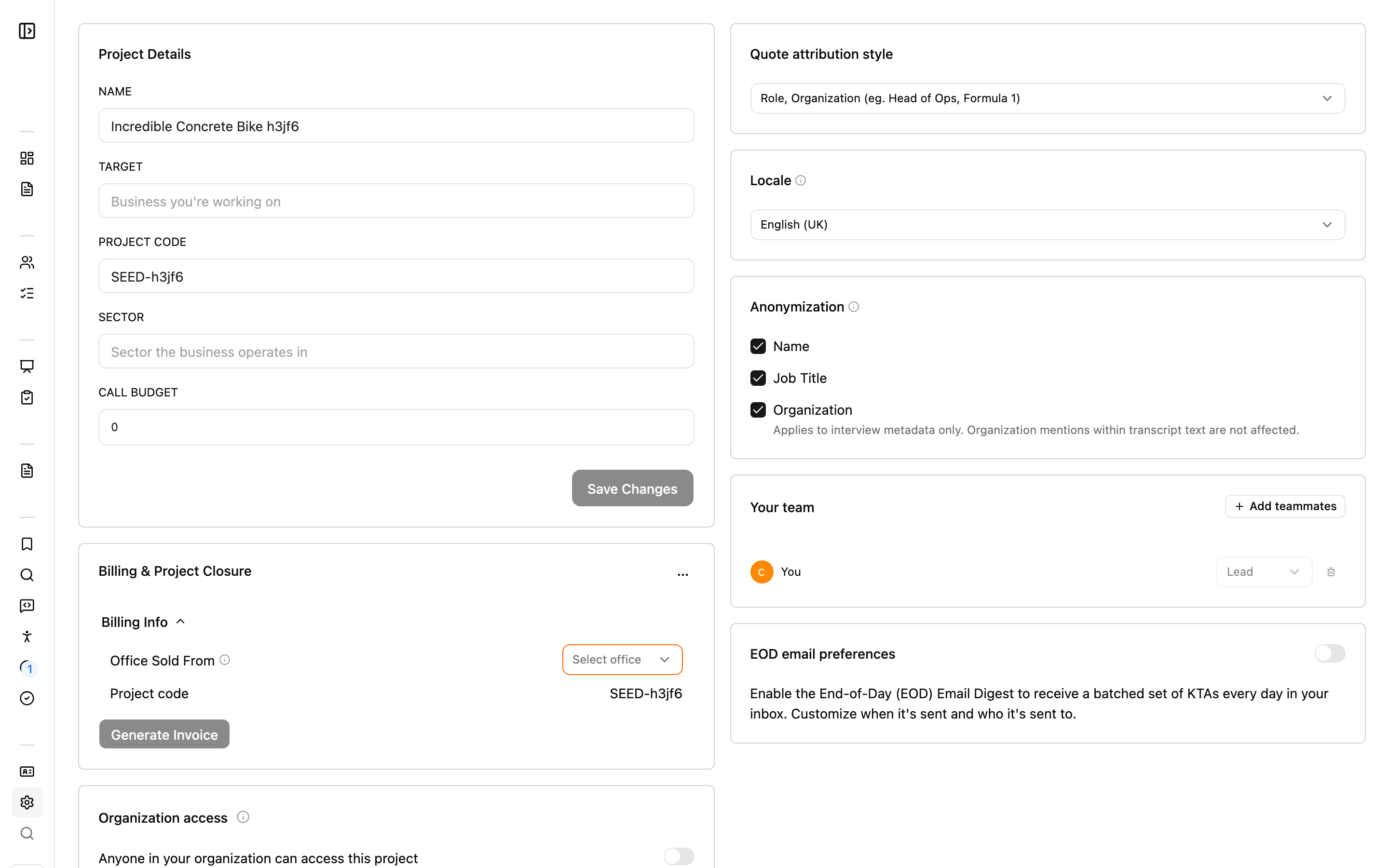 The Project Settings page showing the left rail of setting rows